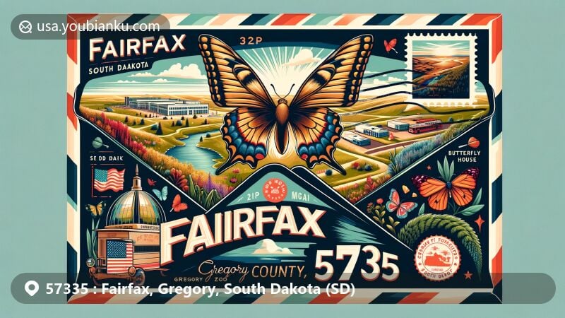 Vintage-style illustration of Fairfax, Gregory County, South Dakota, featuring ZIP code 57335, with collage of local elements including airmail envelope, map of Gregory County, Great Plains Zoo, Butterfly House, and Custer State Park.