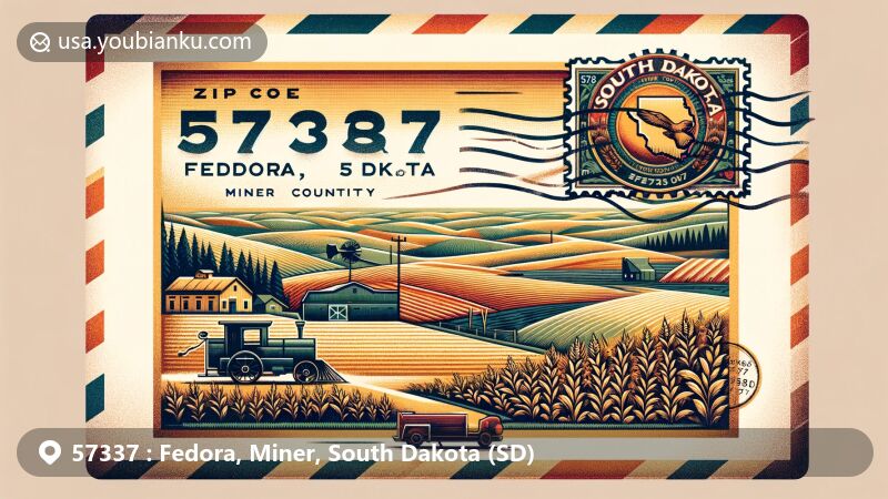 Modern illustration of Fedora, Miner County, South Dakota, with vintage airmail envelope, rural landscape, South Dakota state flag, and postal stamp showcasing Miner County's charm and postal theme with ZIP code 57337.