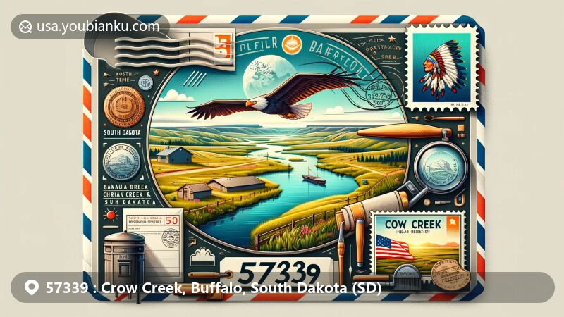 Modern illustration of Crow Creek, Buffalo, South Dakota, showcasing postal theme with ZIP code 57339, featuring Crow Creek landscape, the Crow Creek Indian Reservation, Missouri River, and South Dakota state flag.
