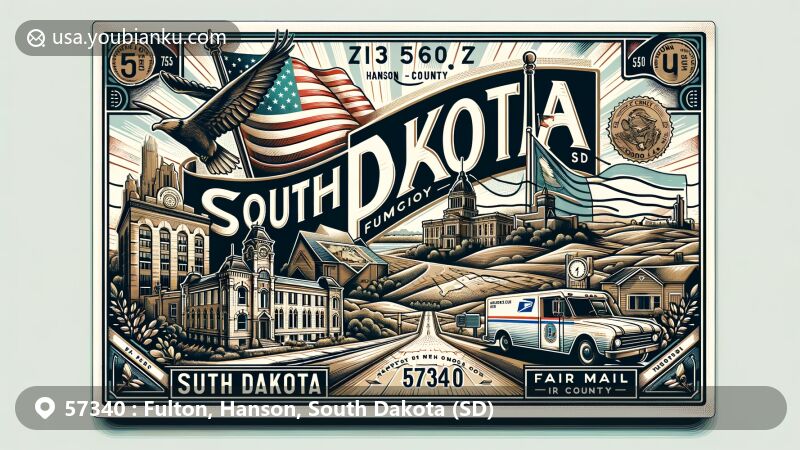 Contemporary illustration of Fulton area, Hanson County, South Dakota, showcasing postal theme with ZIP code 57340, featuring state symbols and postal elements.