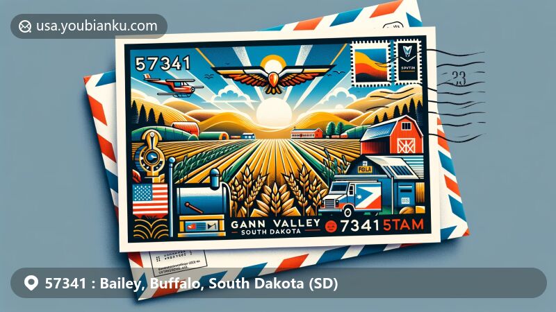 Modern illustration of Gann Valley, South Dakota, capturing rural charm with a farm scene and South Dakota state flag, combined with postal elements in a wide-format postal card design.