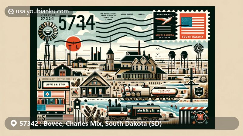 Modern illustration of the Bovee area in Charles Mix County, South Dakota, featuring ZIP code 57342 and a creative postcard design with historical and natural landmarks, including lakes and historical buildings.