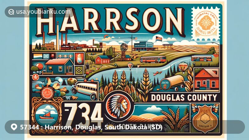 Modern illustration of Harrison, Douglas County, South Dakota, showcasing postal theme with ZIP code 57344, featuring Sioux Nation culture, agriculture, and outdoor activities.
