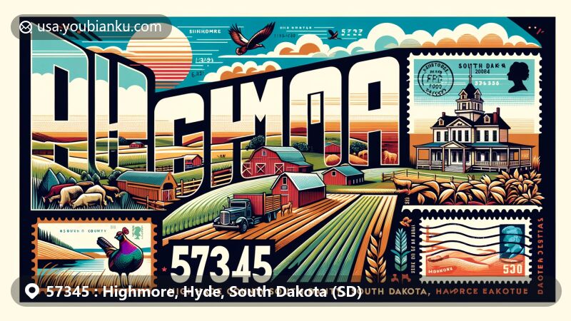 Modern illustration of Highmore, Hyde County, South Dakota, featuring rural landscape with farm and Hyde County courthouse, incorporating postal theme with ZIP code 57345 and South Dakota state flag outline.