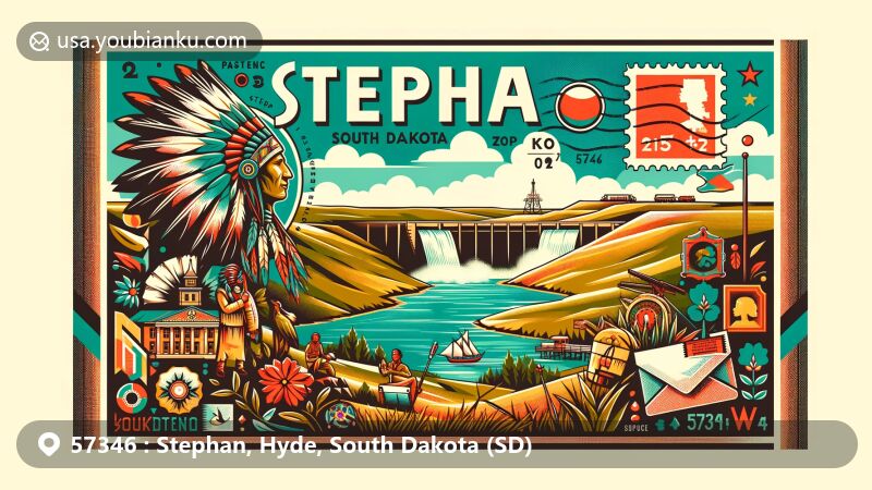 Modern illustration of Stephan, South Dakota, with ZIP code 57346, showcasing Stephan Mission Dam, Native American powwow scene, and South Dakota's natural landscape.