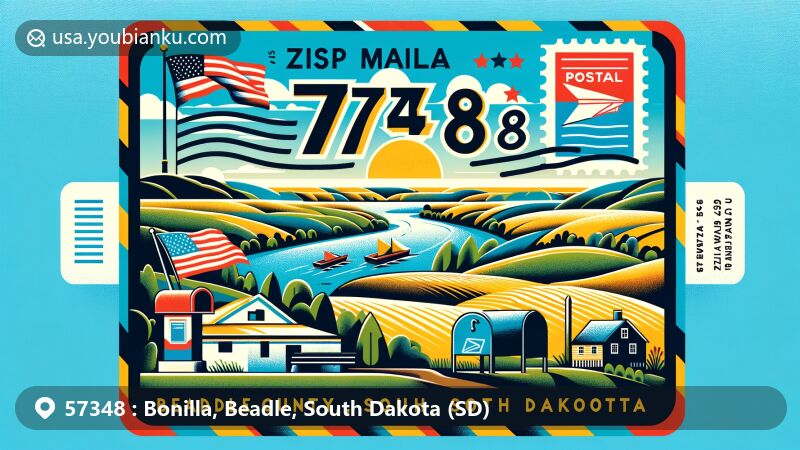 Modern illustration of Bonilla, Beadle County, South Dakota, featuring rolling hills and James River landscape, presented as a postal air mail envelope with ZIP code 57348, including mailbox, postal vehicle, and American flag elements.