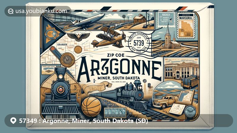 Modern illustration of an airmail envelope decorated with ZIP code 57349, representing Argonne, Miner, South Dakota, featuring historical elements of Argonne like old railroad, school, and basketball, showcasing the town's past, along with agricultural landscapes and historical map elements of Miner County, incorporating South Dakota's state flag and map outline, with postmark and ZIP code 57349 prominently displayed.