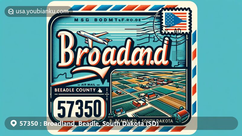 Vibrant illustration of Broadland, Beadle County, South Dakota, showcasing postal theme with ZIP code 57350, featuring airmail envelope, Beadle County map, agricultural fields, and South Dakota state flag.