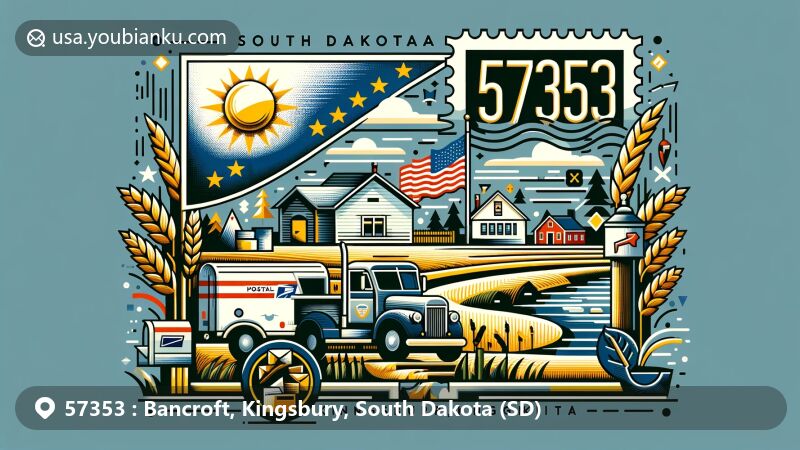 Modern illustration of Bancroft, Kingsbury, South Dakota, highlighting ZIP Code 57353, South Dakota state flag, rural landscape, postcard shape, stamp, postmark, mailbox, and mail truck.