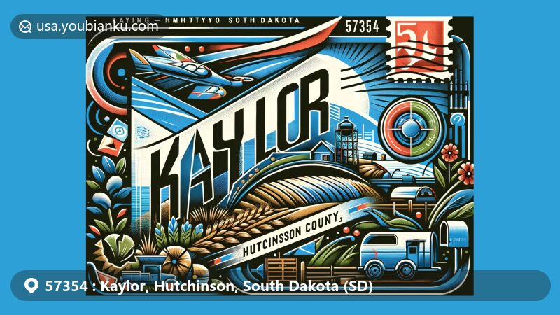 Modern illustration of Kaylor, Hutchinson County, South Dakota, highlighting postal theme with ZIP code 57354 and rural charm, featuring elements like agricultural fields and vintage postcard design.