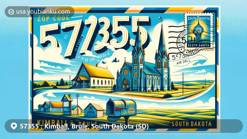 Modern illustration of Kimball, Brule, South Dakota, showcasing Holy Trinity Church with Bohemian architecture, South Dakota landscape, and vintage postal elements.
