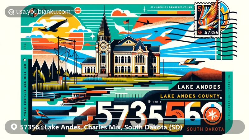 Modern illustration of Lake Andes, Charles Mix County, South Dakota, highlighting ZIP code 57356, featuring Charles Mix County Courthouse and Lake Francis Case, with postcard-style design integrating postal elements and South Dakota state flag.