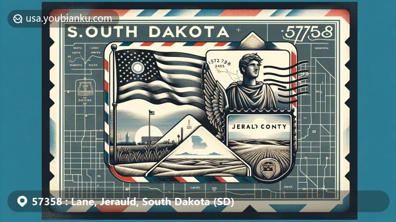Artistic depiction of Lane, Jerauld County, South Dakota, featuring stylized airmail envelope with state flag, Jerauld County map, vintage postage stamp, and scenic landscapes.