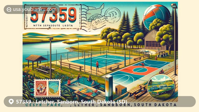 Modern illustration of Letcher, Sanborn, South Dakota, featuring vintage-style postcard with ZIP code 57359, showcasing Rossy Park, Letcher Lake, volleyball net, basketball court, horseshoe pit, lush trees, benches, picnic shelter, and inset map of Letcher in Sanborn County.