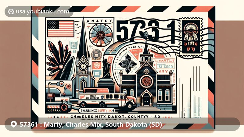 Modern illustration of Marty, Charles Mix County, South Dakota, featuring creatively designed postcard with landmarks like St. Paul's Church and Marty Indian School, stamp of South Dakota state flag, and postmark '57361 Marty, SD'.