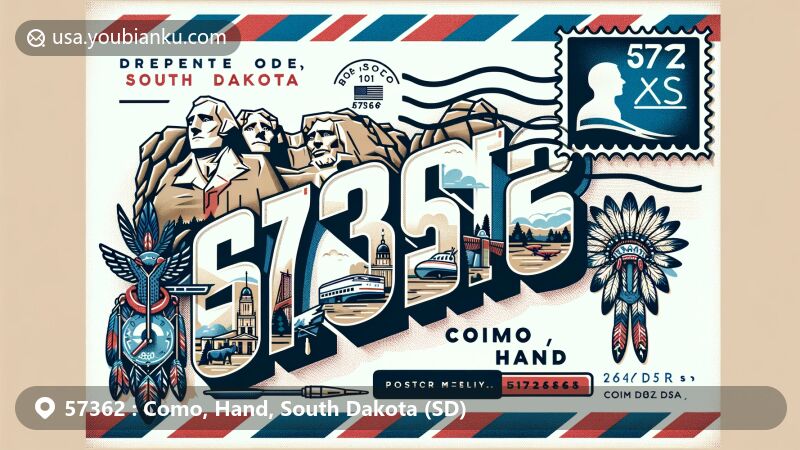 Modern illustration of Como, Hand, South Dakota, featuring airmail envelope design showcasing Mount Rushmore and Native American Sioux cultural elements.