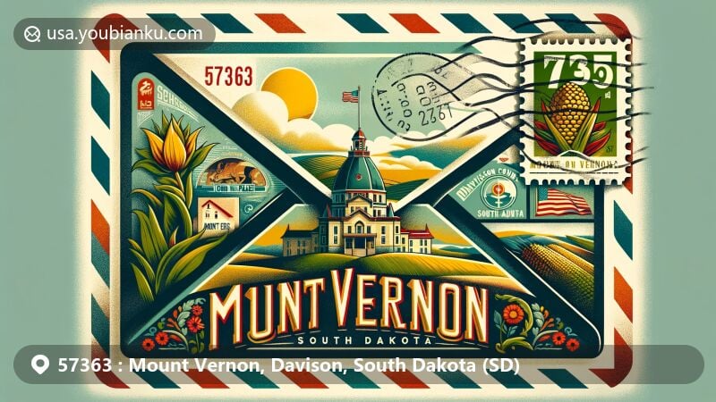 Modern illustration of Mount Vernon, Davison County, South Dakota, showcasing postal theme with ZIP code 57363, featuring Corn Palace and South Dakota natural beauty.