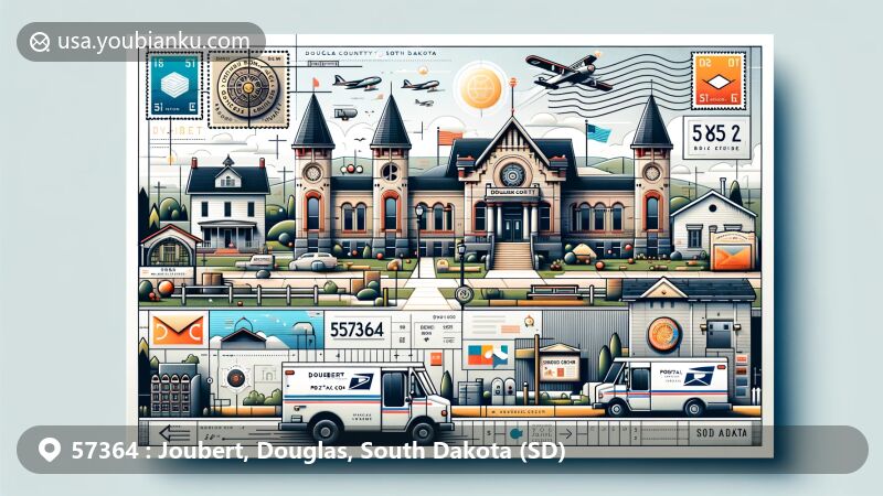 Modern illustration of Joubert, Douglas County, South Dakota, showcasing historical buildings, museum, and postal elements with airmail theme and ZIP code 57364.