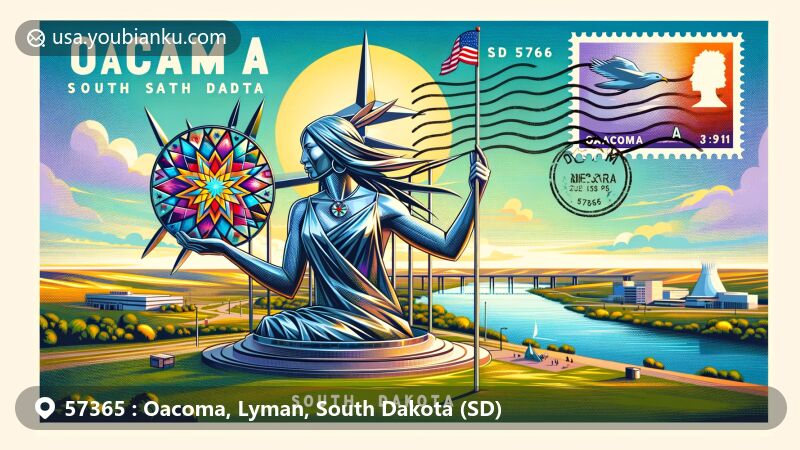 Modern illustration of Oacoma, Lyman County, South Dakota, showcasing ZIP code 57365 and featuring 'Dignity of Earth & Sky' sculpture with Native American woman holding star quilt, set against Missouri River backdrop.