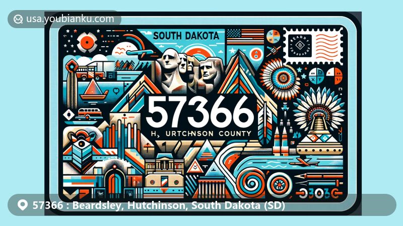Modern illustration of ZIP code 57366, featuring postcard or airmail envelope shape, showcasing Mount Rushmore and Crazy Horse Memorial in South Dakota. Includes symbols of Native American culture like traditional patterns and a feather, along with postal elements like a postage stamp, postmark, and prominently displayed ZIP code.