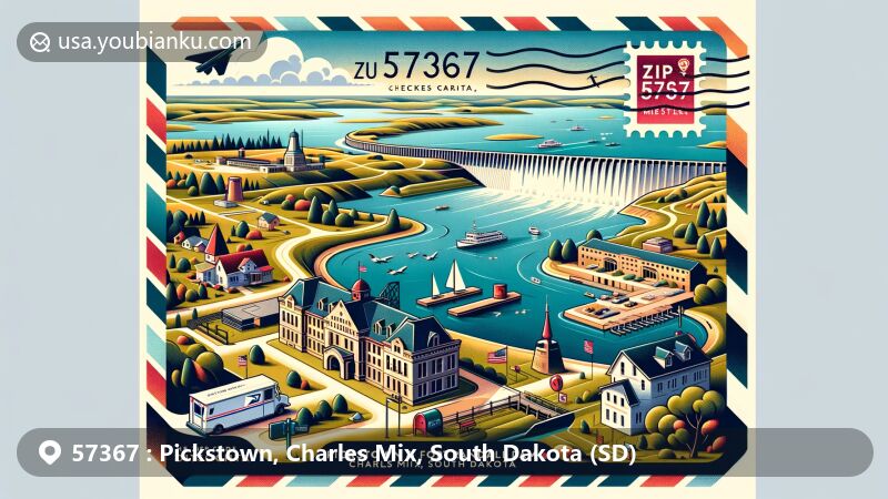 Modern illustration of Pickstown, Charles Mix, South Dakota, with ZIP code 57367, featuring Fort Randall Dam, Pickstown & Fort Randall Museum, Missouri River, and Lake Francis Case.