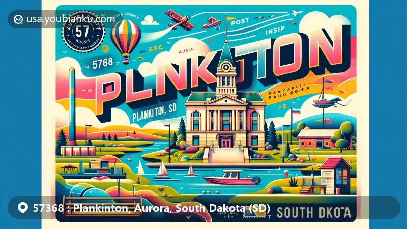 Vibrant illustration of Plankinton, Aurora, South Dakota, capturing the essence of postal code 57368 with Aurora County Courthouse and outdoor activities like fishing, boating, and golfing.