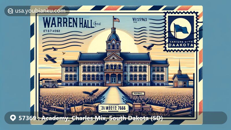 Modern illustration of Academy, Charles Mix County, South Dakota, featuring historic educational building Warren Hall and prairies, with state flag and postal theme including ZIP code 57369 and postmark.