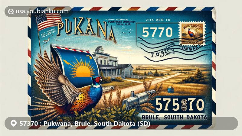 Artistic illustration of Pukwana, Brule, South Dakota, showcasing vintage airmail envelope, Pukwana Community Social Club, Brule County landscape, Chinese ring-necked pheasant, and South Dakota state flag.