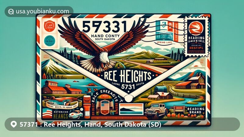 Modern illustration of Ree Heights, Hand County, South Dakota, incorporating local elements with airmail envelope in postal theme for ZIP code 57371, showcasing Eagle Pass Lodge, Lake Louise, Spring Lake, Ree Heights Roadside Park, Reading Brands historical marker, and agricultural imagery.