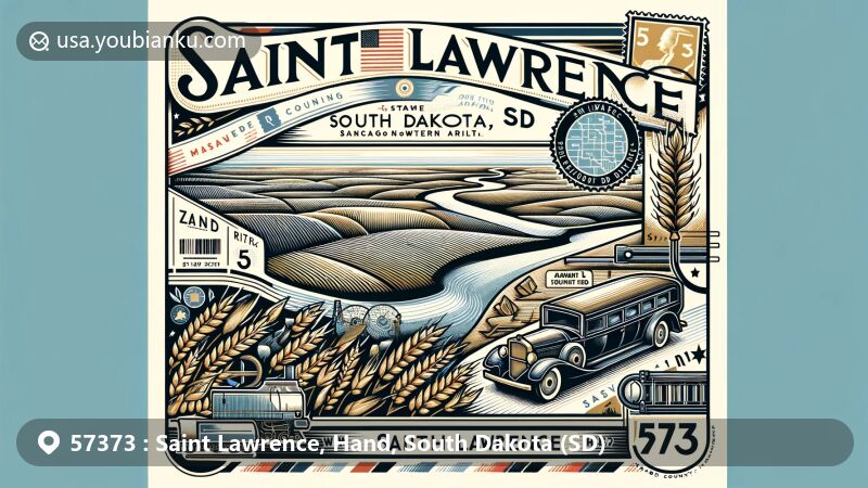 Modern illustration of Saint Lawrence, Hand County, South Dakota, showcasing postal theme with ZIP code 57373, featuring vintage air mail envelope with Saint Lawrence River drawing and South Dakota state flag.