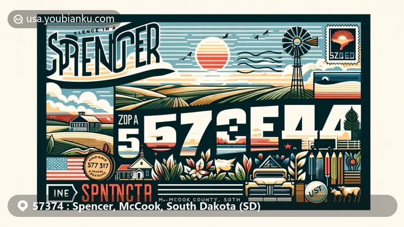 Modern illustration of Spencer, McCook County, South Dakota, featuring postal theme with ZIP code 57374, showcasing local landmarks and South Dakota symbols.
