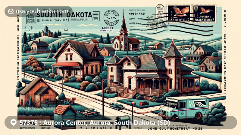 Modern illustration of Aurora Center and Aurora, South Dakota, showcasing historic buildings like Melvin Schoolhouse, William Smith House, and John Gully Homestead House, with postal theme incorporating ZIP Code 57375 and mail elements.