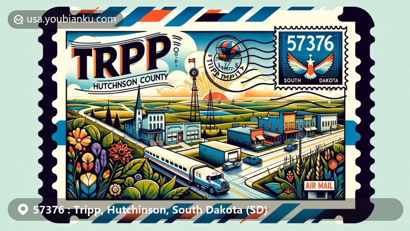 Modern illustration of Tripp, Hutchinson, South Dakota, resembling a wide air mail envelope, with local streetscape, flora, and South Dakota symbols, including vintage stamp with ZIP code 57376 and postmark.