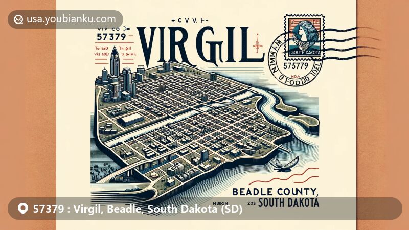 Modern illustration of Virgil, Beadle County, South Dakota, showcasing postal theme with ZIP code 57379, featuring town outline, James River, Beadle County map, Huron landmark, and South Dakota postmark.