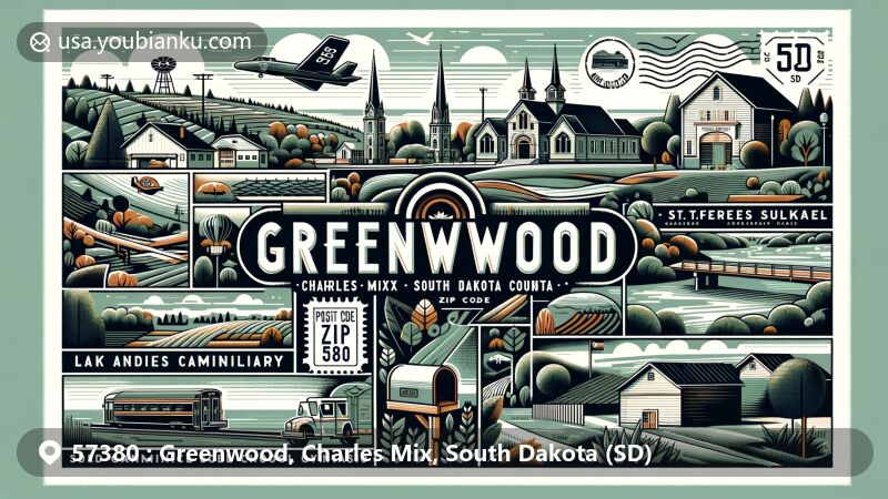 Modern illustration of Greenwood, Charles Mix, South Dakota, with ZIP code 57380, featuring 'Greenwood' name, farmlands, Missouri River, Lake Andes Carnegie Library, Marty Mission School Gymnasium, St. Therese Hall, protected areas, Lake Andes, Lake Francis Case, postal elements like stamp, postmark, mailbox, and mail truck.