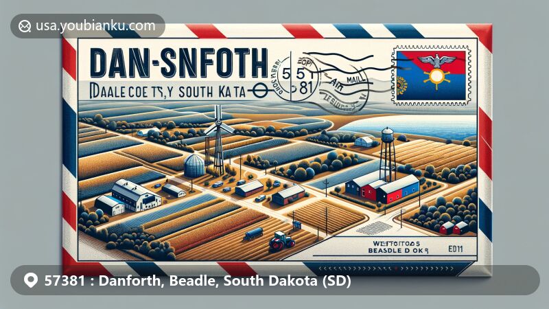Modern illustration of Danforth, Beadle, South Dakota, inspired by airmail envelope design, showcasing rural landscape of Wessington with agricultural elements, South Dakota state flag, and postal theme for ZIP code 57381.
