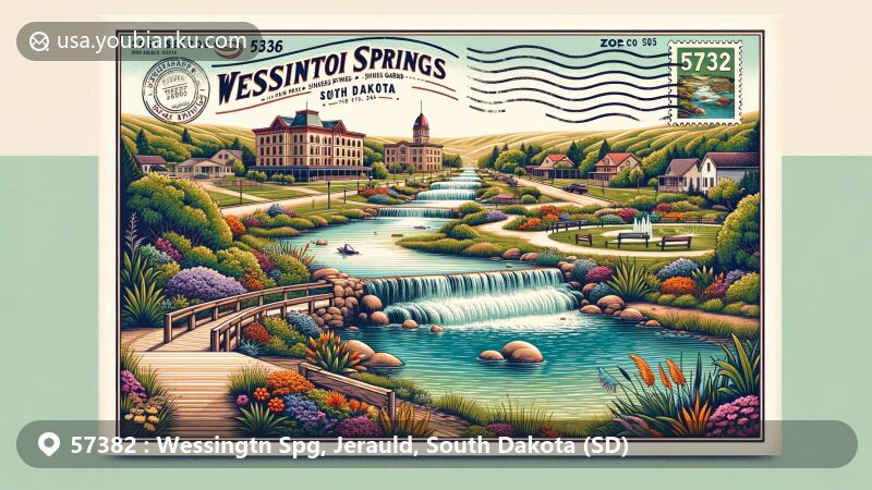 Modern illustration of Wessington Springs, South Dakota, capturing the charm of Shakespeare Garden and iconic 1905 Opera House, with zip code 57382 and postal elements.