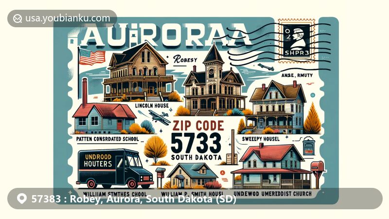 Modern illustration of Robey, Aurora, South Dakota, highlighting postal theme with ZIP code 57383, showcasing landmarks like Lincoln House, Patten Consolidated School, Raesly House, William P. Smith House, Sweep Hotel, and Underwood United Methodist Church.