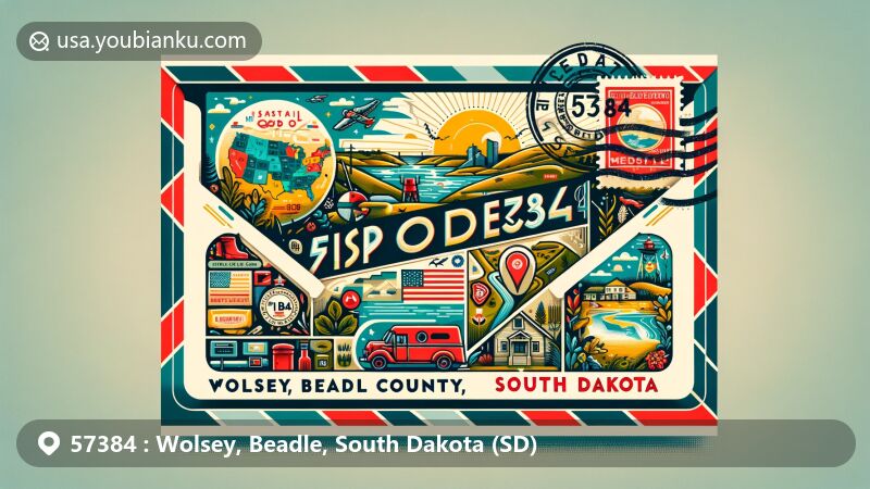 Modern illustration of Wolsey, Beadle County, South Dakota, reflecting a vintage airmail envelope theme with vibrant graphics of local landmarks, state symbols, and postal elements.