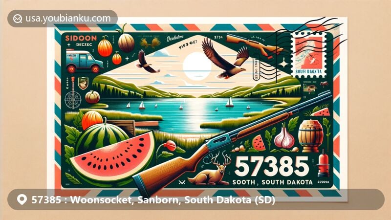 Modern illustration of Woonsocket, South Dakota, featuring Lake Prior and symbols of local agriculture and outdoor activities, creatively presented within an airmail envelope with ZIP code 57385.