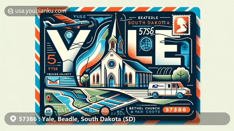 Modern illustration of Yale, Beadle County, South Dakota, with airmail envelope postcard showcasing Bethel Church, Beadle County terrain contour, postal stamps, postmarks, and ZIP code 57386.