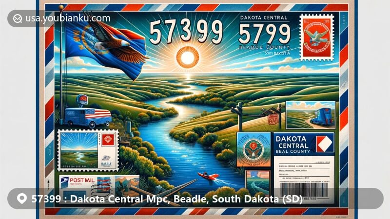 Modern illustration of Dakota Central Mpc, Beadle County, South Dakota, inspired by airmail theme with ZIP code 57399, featuring James River and South Dakota state flag.