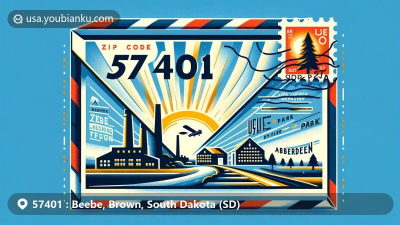 Modern illustration of Beebe's manufacturing building and Wylie Park in Aberdeen, South Dakota, with ZIP code 57401, featuring state flag elements and postal theme.