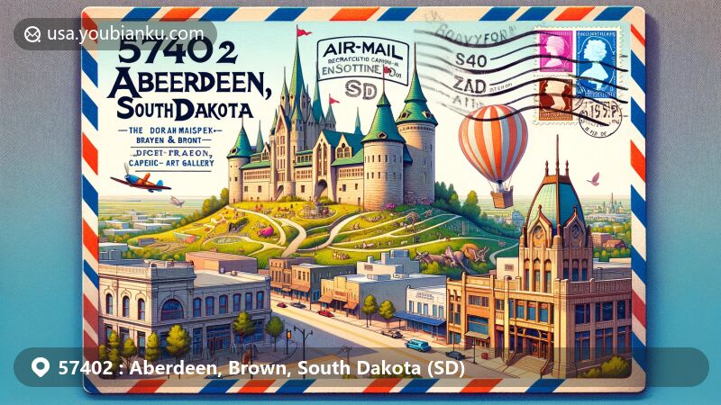 Modern illustration of Aberdeen, South Dakota, inspired by airmail envelope design, showcasing ZIP code 57402, featuring Storybook Land Castle, Dacotah Prairie Museum, and downtown architectural styles.