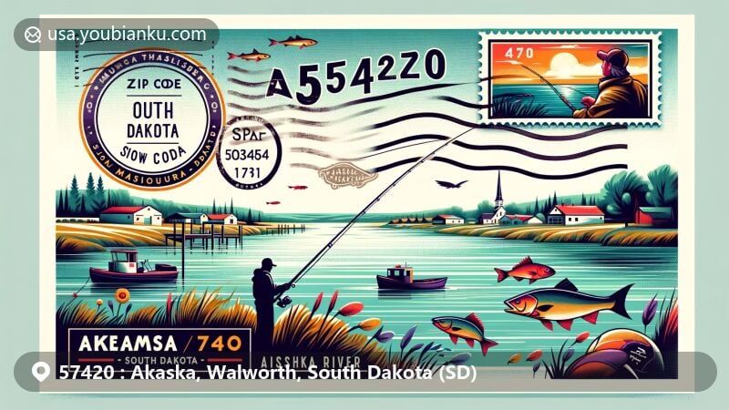Artistic interpretation of Akaska, South Dakota, with ZIP code 57420, featuring postcard style with Missouri River, fishing elements, and postal themes.