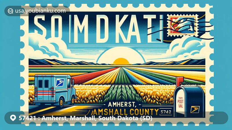 Modern illustration of Amherst, Marshall County, South Dakota, capturing the essence of ZIP Code 57421 with South Dakota's vast plains, under a clear sky, showcasing the region's humid continental climate.