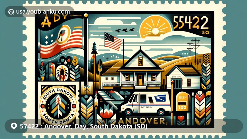 Modern illustration of Andover, South Dakota, capturing the tranquil lifestyle with South Dakota state flag, Day County symbol, and Native American art elements inspired by Oscar Howe. Includes ZIP code 57422, mailbox, and postal van.