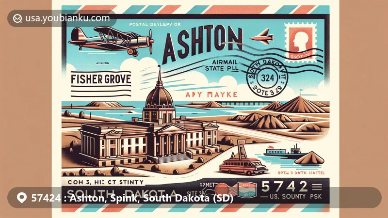 Modern illustration of Ashton, Spink County, South Dakota, featuring postal theme with ZIP code 57424, showcasing Fisher Grove State Park, Old Redfield City Hall, and Site 39SP12 archaeological site.