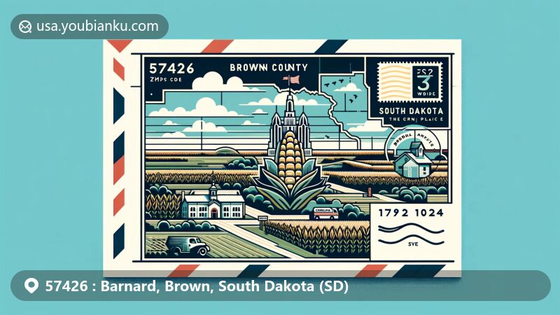 Modern illustration of Barnard, Brown County, South Dakota, resembling a postcard or air mail envelope, featuring South Dakota map, Corn Palace landmark, rural landscape, postal elements, and ZIP Code 57426.