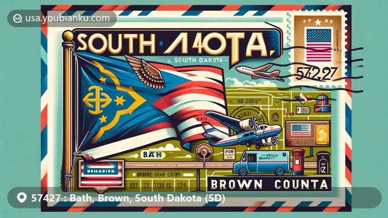 Modern illustration of Bath, Brown County, South Dakota, showcasing postal theme with ZIP code 57427, featuring South Dakota state flag and Brown County geography.